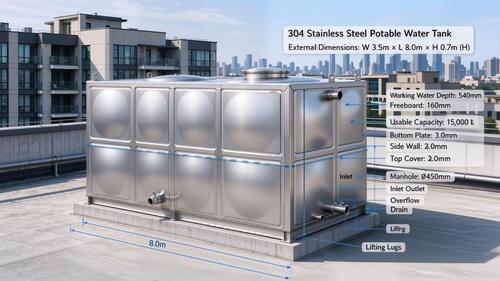 último caso de la compañía sobre 15,000L 304 Stainless Steel Potable Water Tank for Commercial Apartment Rooftop Water Supply