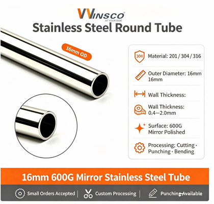19 mm Tubo de metal inoxidable TP 201 304 316 Superficie de espejo satinado 0,4 mm-1,5 mm de espesor de pared 5/8' tubo redondo de acero inoxidable
