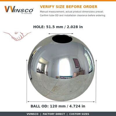 AISI 201 304 SS Accesorios de decoración de mangueras de acero inoxidable de 51 mm 60 mm de diámetro Bola hueca para tuberías redondas de 19 mm