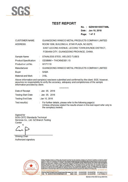 China (GuangDong)Foshan Winsco Metal Products Co., Ltd. certificaciones