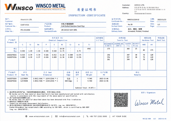China (GuangDong)Foshan Winsco Metal Products Co., Ltd. certificaciones
